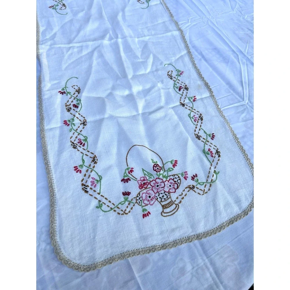 VTG Floral Hand Embroidered Table Runner Flower Basket Floral Pink 12.5
